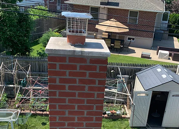 Brick chimney with a black company-branded T-shirt draped over it, illustrating professional chimney repair services.