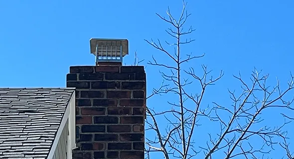 Brick chimney with a professional light fixture installed at the top, set against a clear blue sky and bare tree branches, illustrating creosote removal service in Queens, NY.