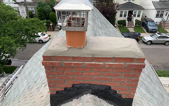 Close-up of a newly repaired brick chimney with mortar work on a residential roof in Queens, NY.
