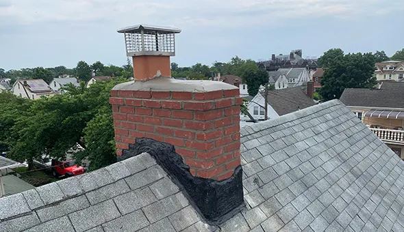 Brick chimney with newly installed chimney cap overlooking urban residential rooftops in Brooklyn, NY.